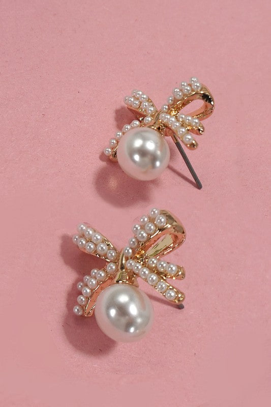 Paved Bow Drop Pearl Stud Earring