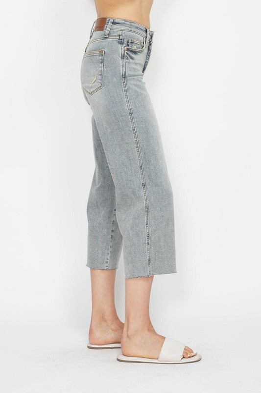 Medium Rise Tummy Control Raw Hem Crop Leg Denim