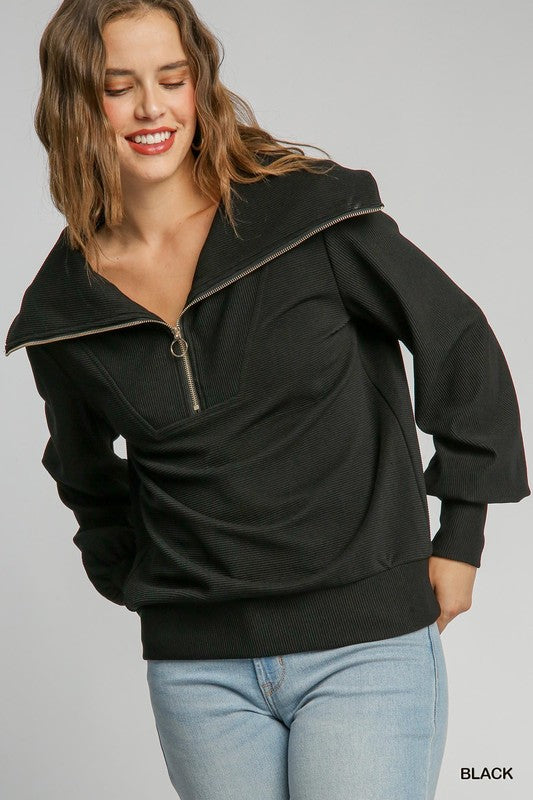 Ribbed 1/2 Zip Shawl Collar Pullover