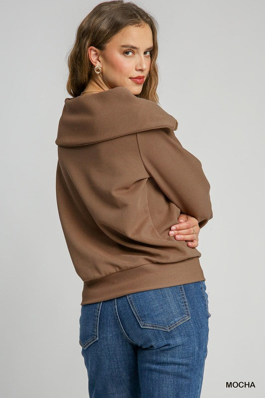 Ribbed 1/2 Zip Shawl Collar Pullover