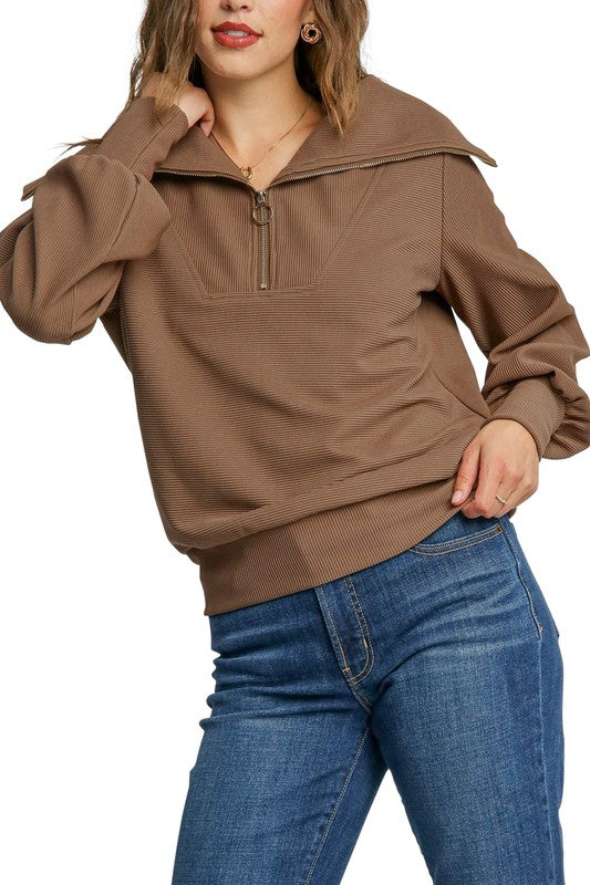 Ribbed 1/2 Zip Shawl Collar Pullover
