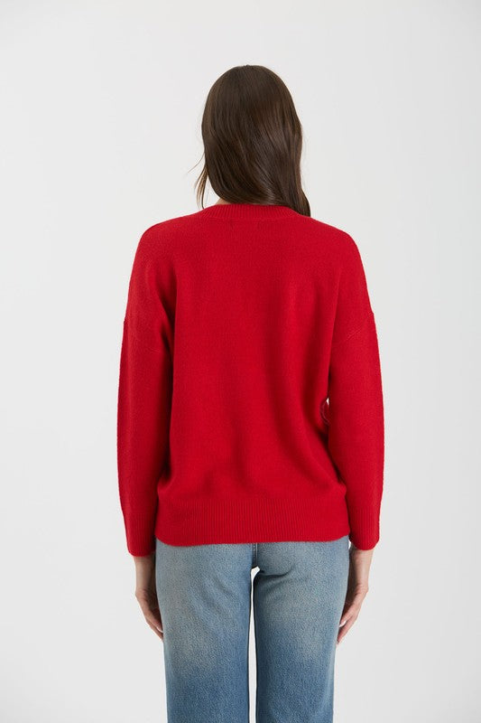 Solid V-Neck Drop Shoulder Sweater