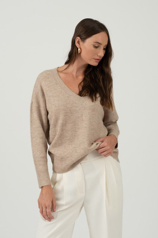 Solid V-Neck Drop Shoulder Sweater