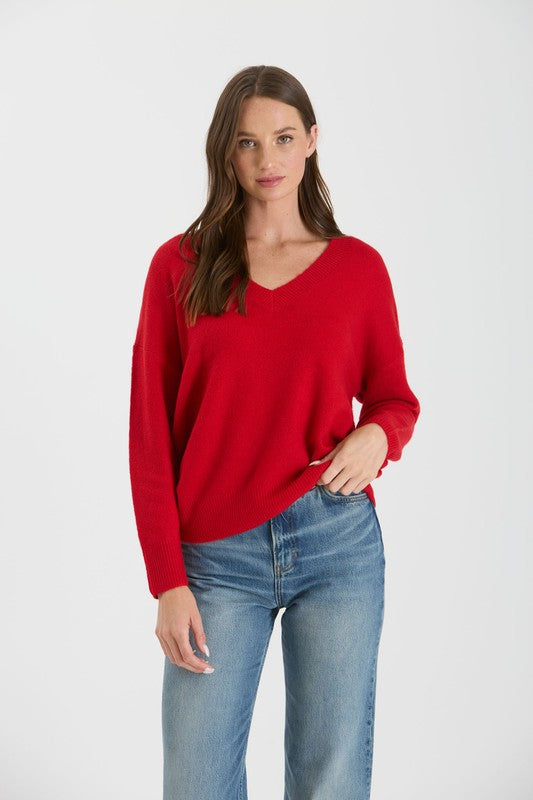 Solid V-Neck Drop Shoulder Sweater