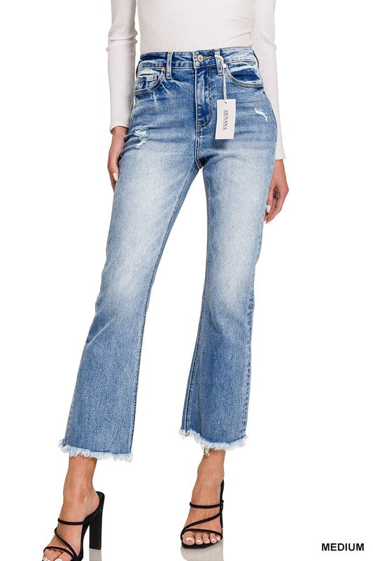 High Rise Straight Raw Hem Cropped Denim