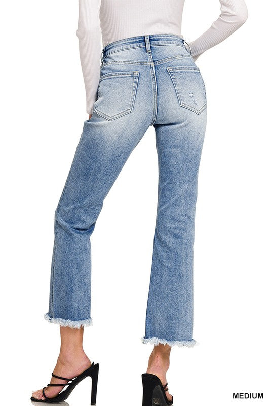 High Rise Straight Raw Hem Cropped Denim