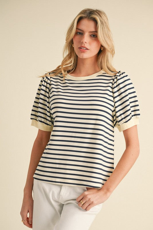 Striped Puff Short Banded Sleeve Top