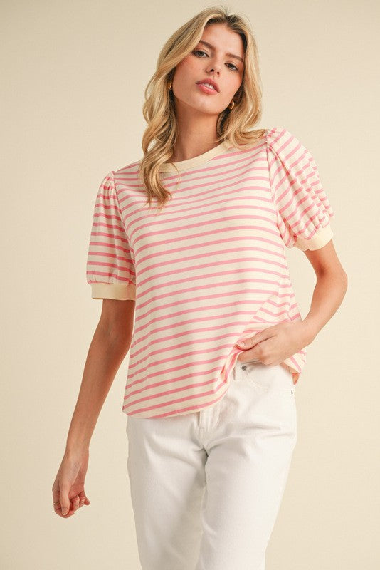 Striped Puff Short Banded Sleeve Top