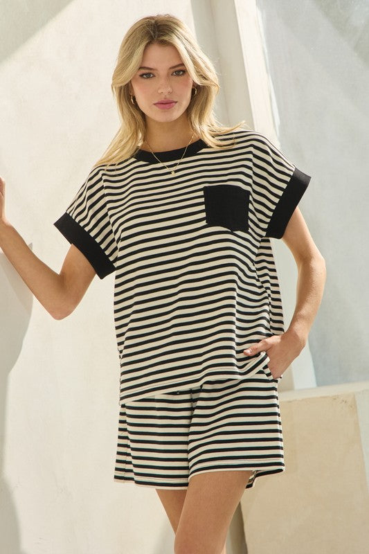 Striped Contrast Pocket Shirt & Shorts Set-Blk/Wht
