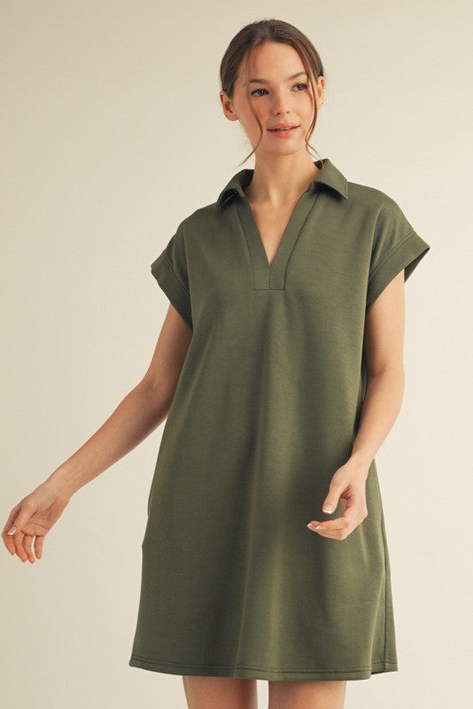 Solid Collared V-Neck Pleat Back Dress