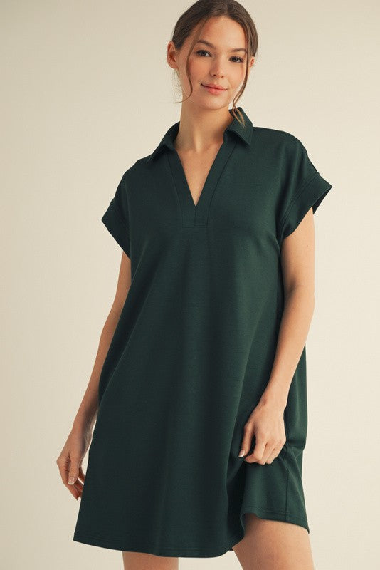Solid Collared V-Neck Pleat Back Dress