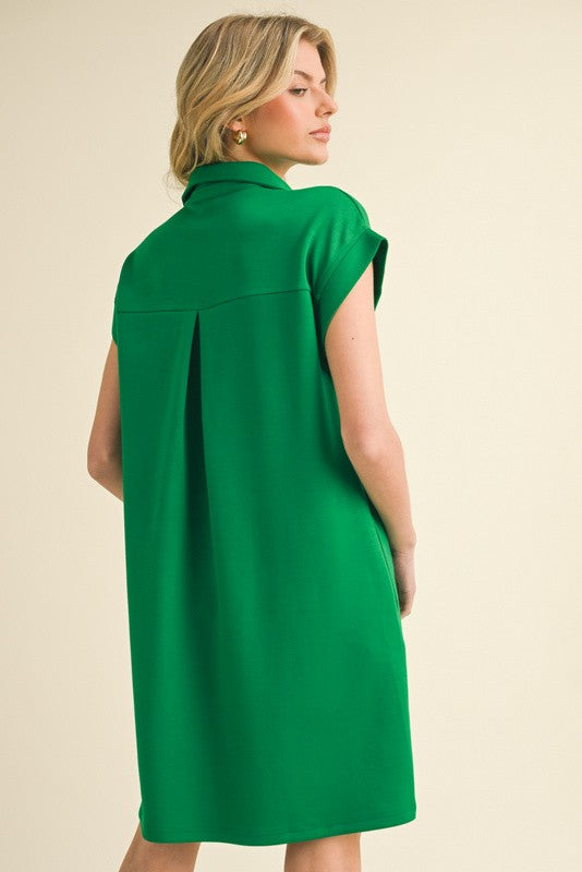 Solid Collared V-Neck Pleat Back Dress-Spring