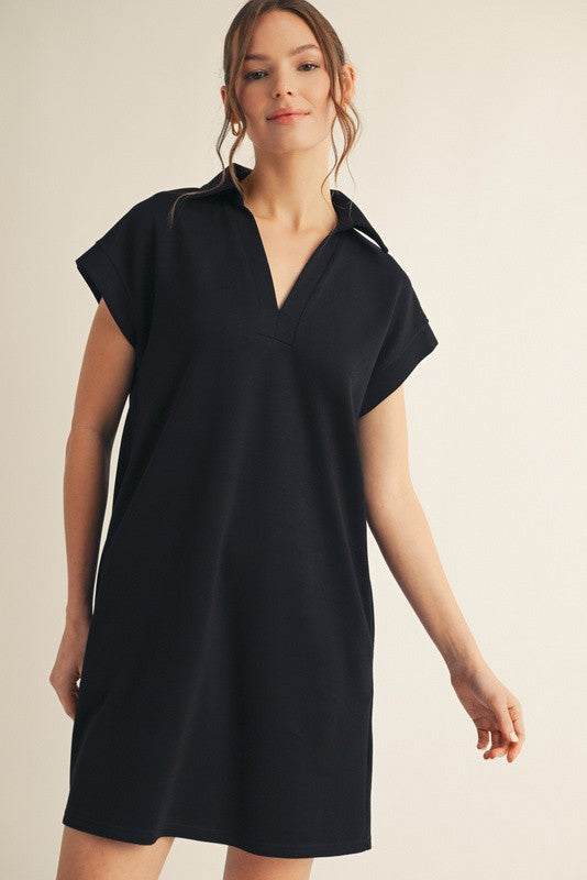Solid Collared V-Neck Pleat Back Dress