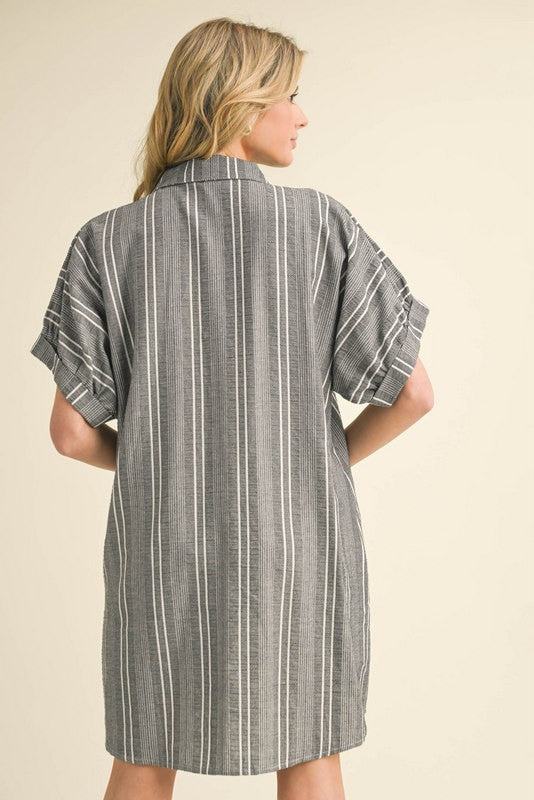 Vertical Striped Button Down Pocket Dress-Black