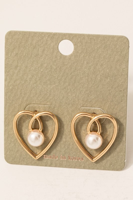 Wire Heart Stud w/Center Pearl-Gold
