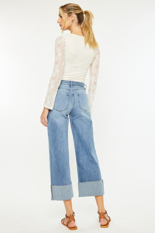 High Rise Crop Folded Raw Wide Hem Denim