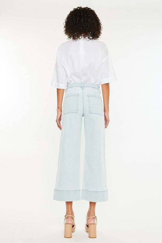 Pinstripe Patch Pocket Crop Wide Hem Denim-Light