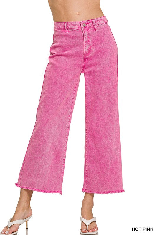 Acid Wash Wide Leg Fray Hem Denim