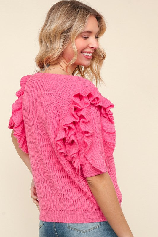 Solid Tiered Ruffle Sleeve Sweater-Pink