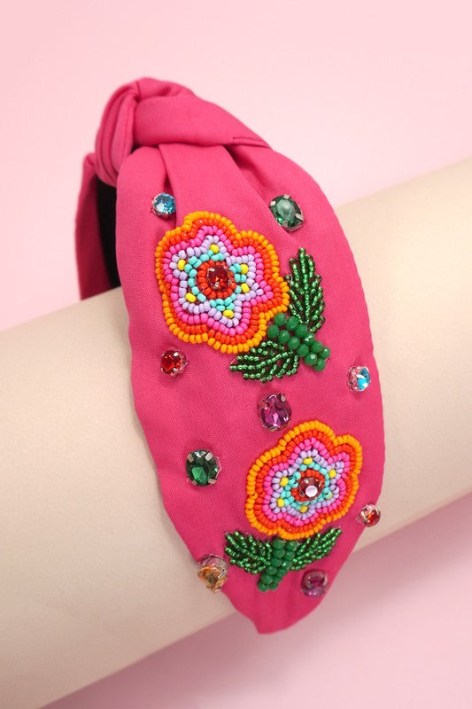Beaded Flower Rhinestone Headband-Hot Pink