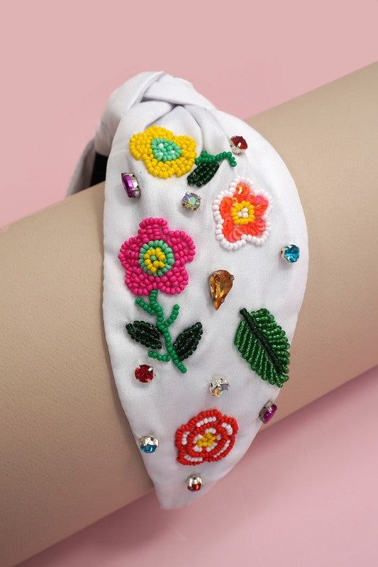 Flower & Leaf Beaded Headband-White