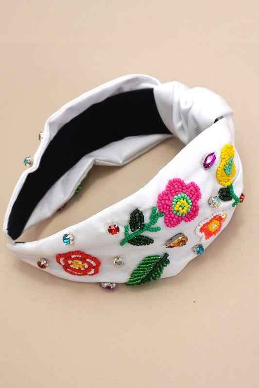 Flower & Leaf Beaded Headband-White