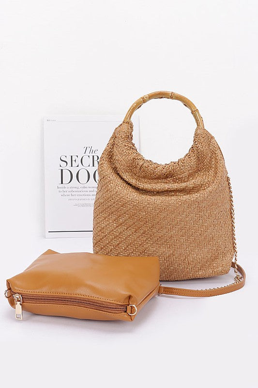 Straw Bamboo Circle Handle Hobo Bag