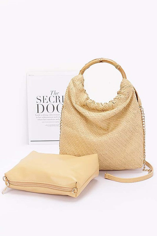 Straw Bamboo Circle Handle Hobo Bag