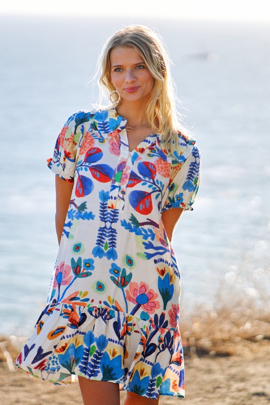 Geo Floral Peter Pan Collared Gathered Sleeve Dress-Multi
