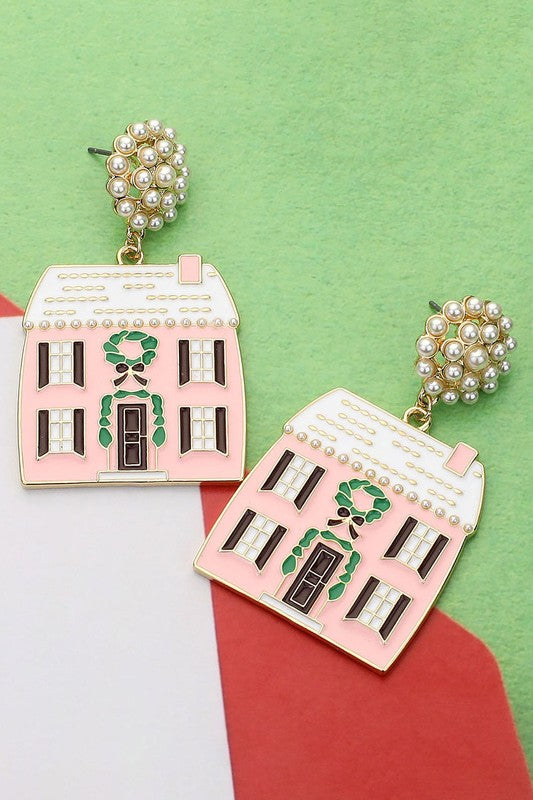 Enamel & Pearl House Dangle Earring-Pink