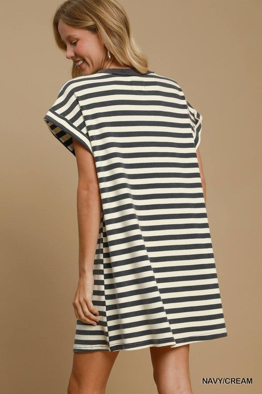 Striped Pocket Mineral Wash Dress - Navy