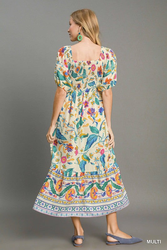 Floral Border Hem Bubble Print Sleeve Midi Dress