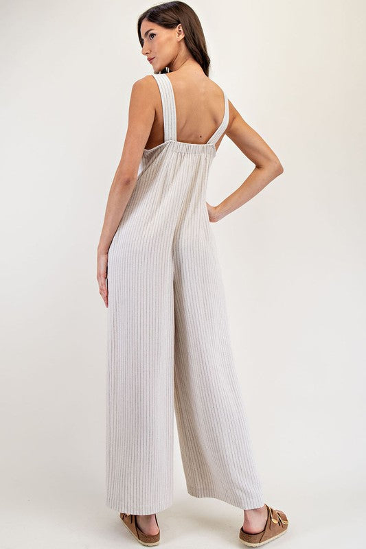 Pinstriped Sleeveless Button Front Jumpsuit-Oatmeal