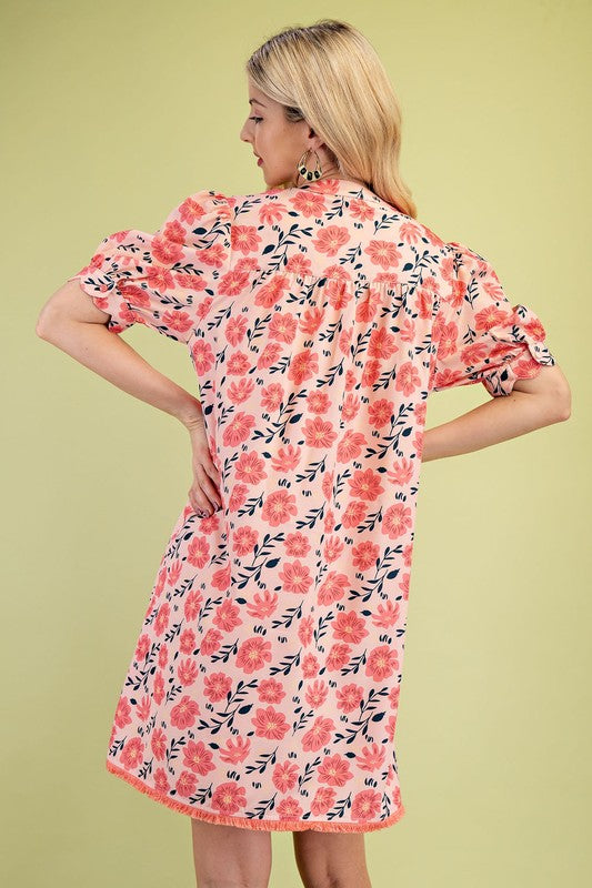 Floral Scallop Cuff Tassel Tie Neck Dress-Coral