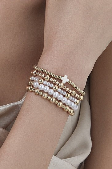 Cross & Pearl Gold Ball Bead Bracelet Set