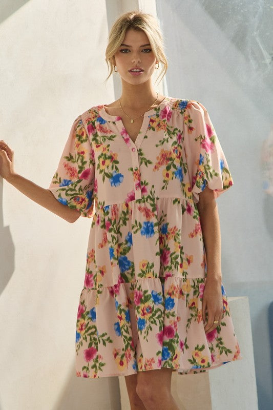 Floral Placket Short Sleeve Baby Doll Dress-Pink