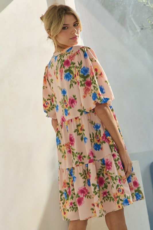 Floral Placket Short Sleeve Baby Doll Dress-Pink