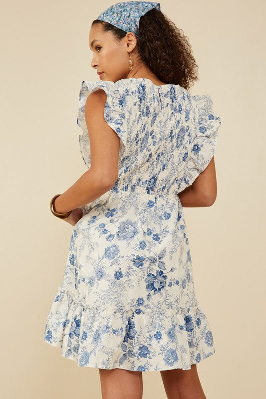 Antique Floral Smocked Ruffle Sleeve Dress-Blue