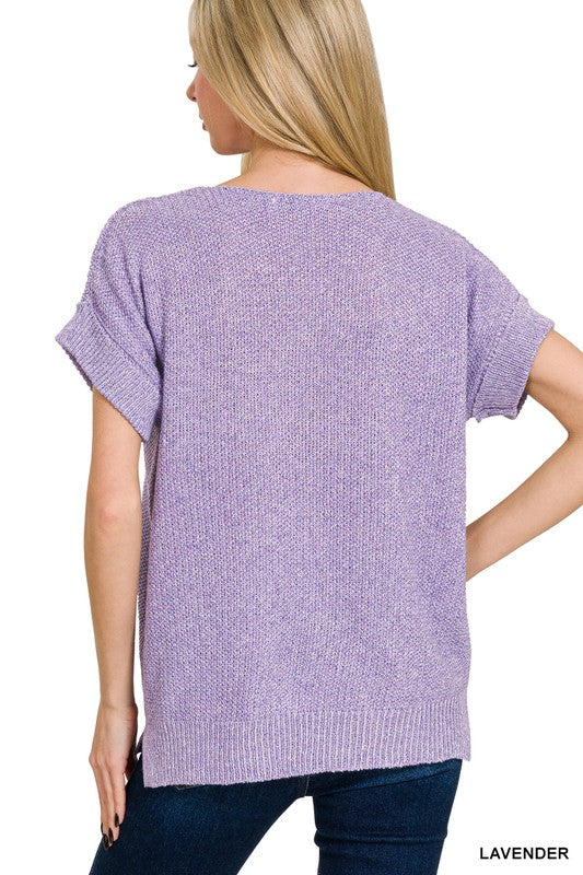 Solid V-Neck Center Seam Short Sleeve Sweater