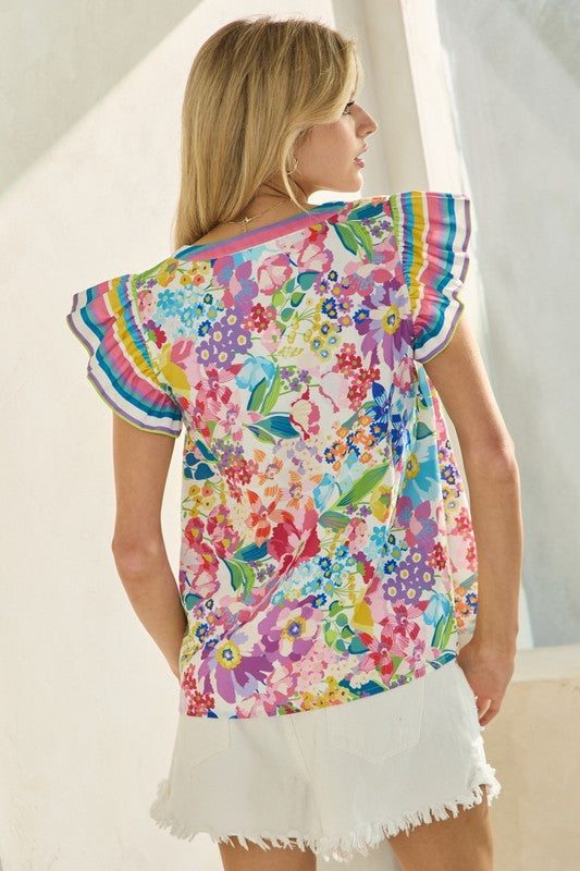 Floral V-neck Top w/Striped Ruffle Sleeve