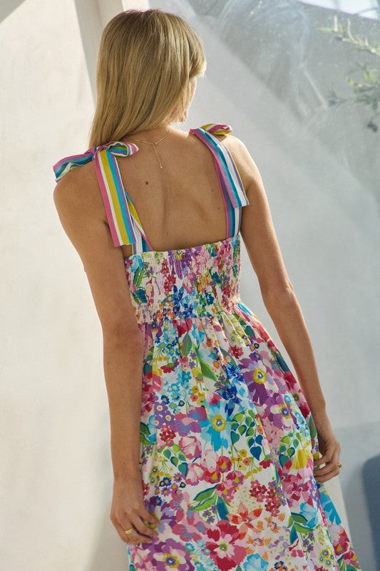 Floral Maxi Dress w/ Striped Tie Shoulder Straps