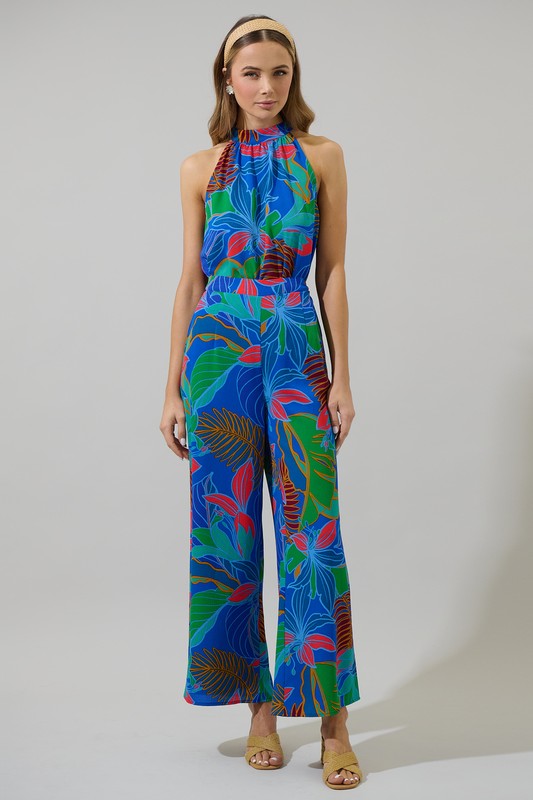 Tropical Leaf Halter Tie Back Sleeveless Top-Cobalt