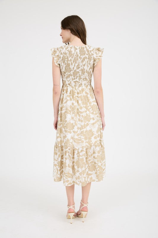 Floral Smocked Button Bodice Midi Dress-Khaki
