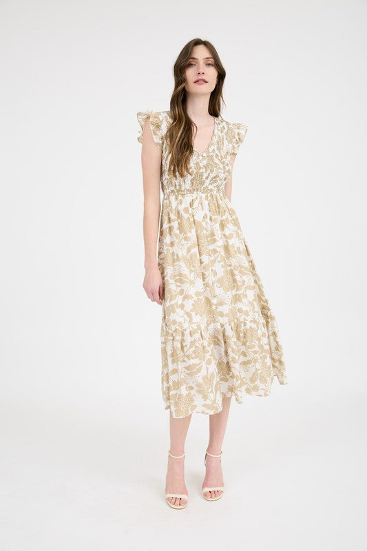 Floral Smocked Button Bodice Midi Dress-Khaki