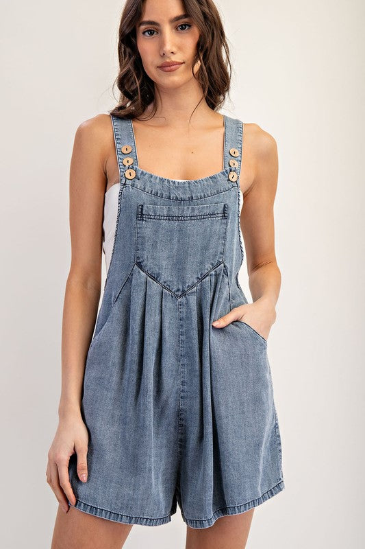 Mineral Washed Pleated Tencel Romper-Denim