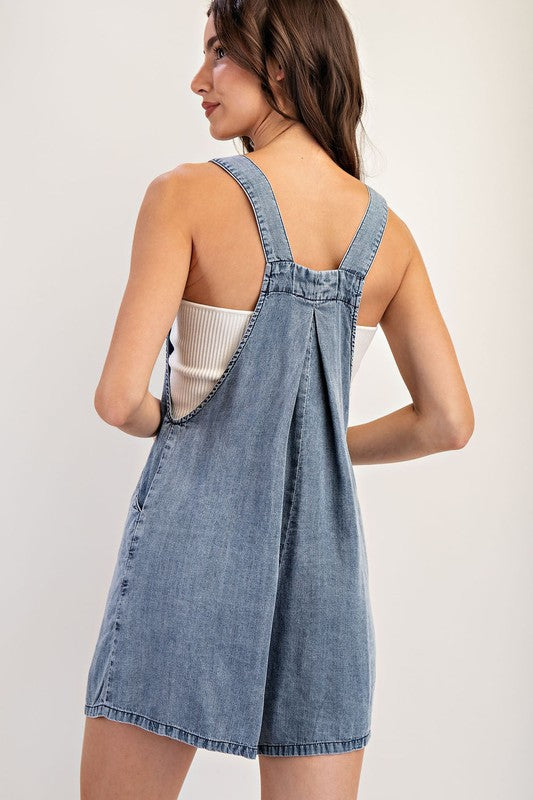 Mineral Washed Pleated Tencel Romper-Denim