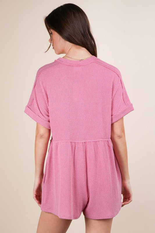 Ribbed Button Down Dolman Sleeve Romper