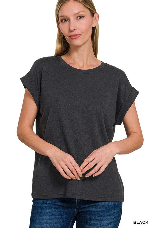 Solid Slub Round Neck Rolled Sleeve Top
