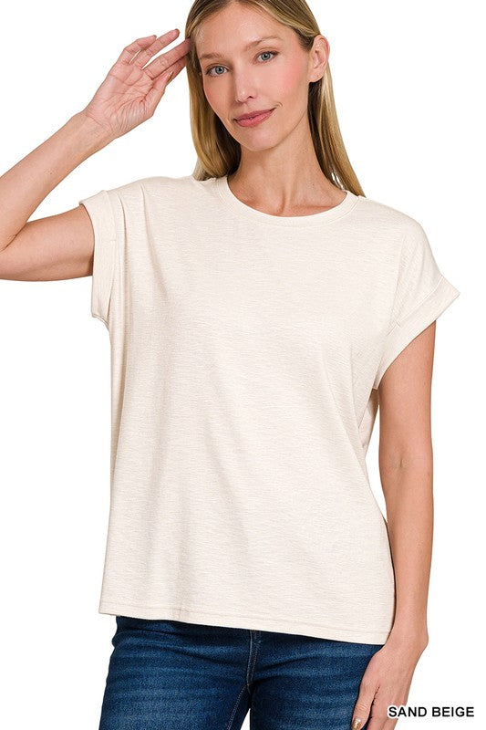 Solid Slub Round Neck Rolled Sleeve Top-Spring