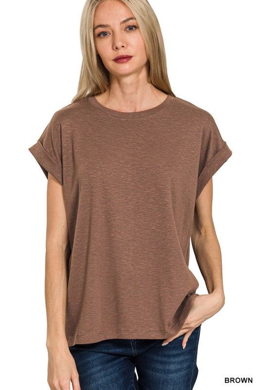 Solid Slub Round Neck Rolled Sleeve Top
